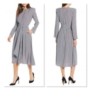 Something Navy: Striped Belted Midi Dress - size Large in Blue/White
